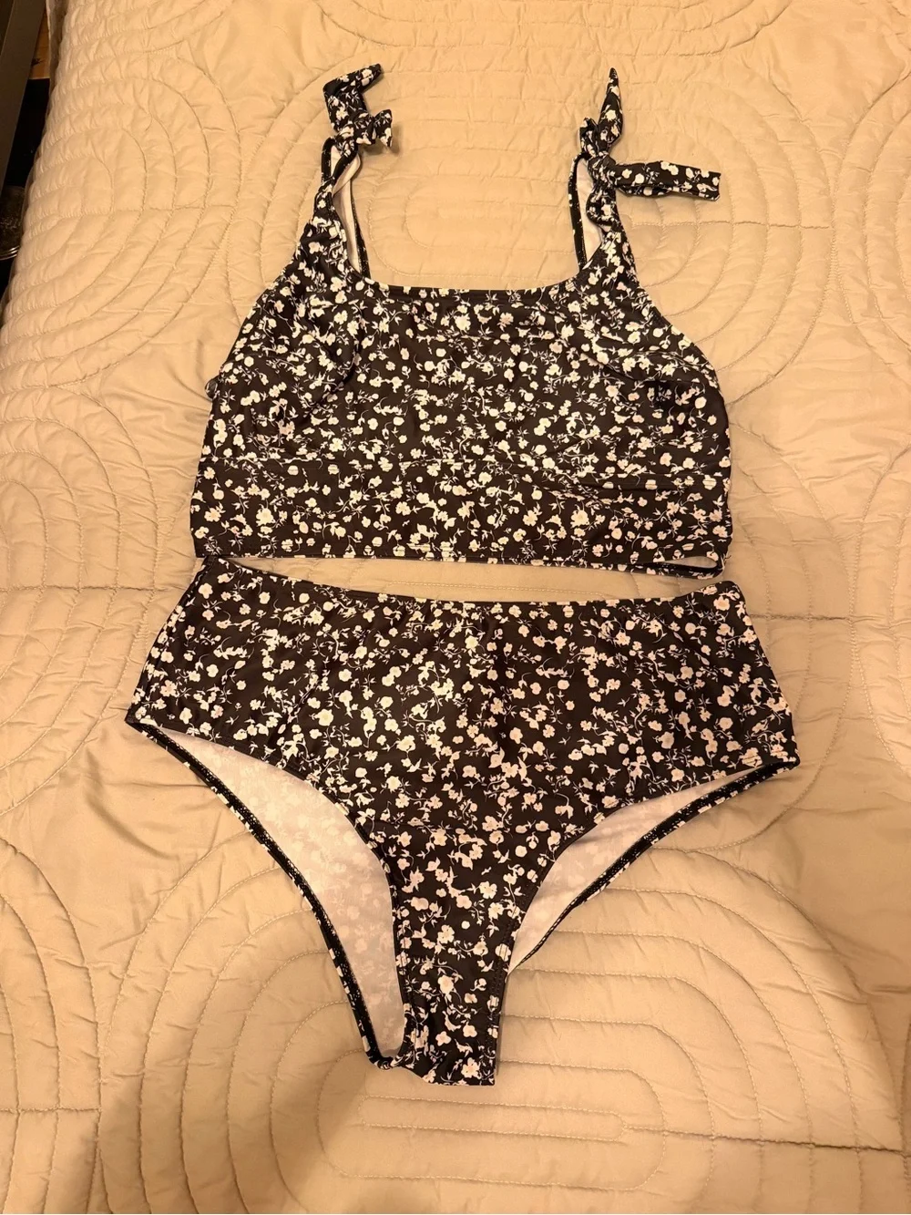 Shein Black Floral High-Waist Bikini Set with Tie-Strap Top